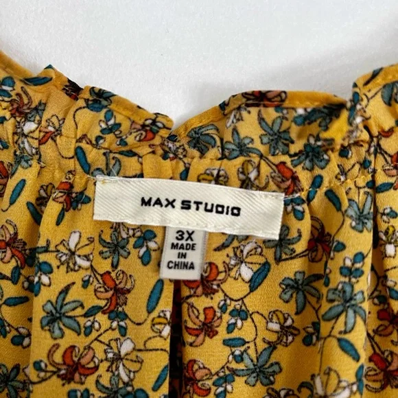 Max Studio Mustard Floral Ruffle Sleeve Blouse - Picture 2 of 5